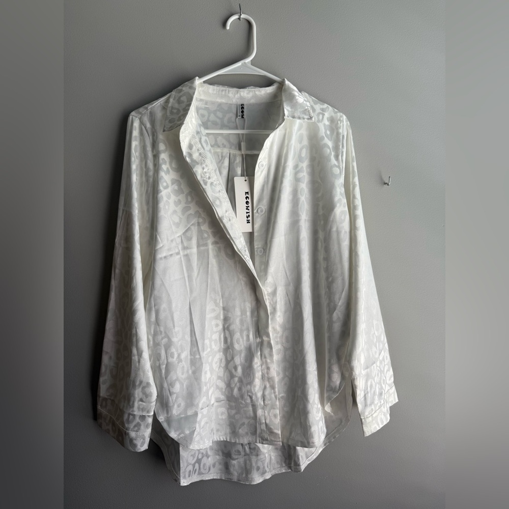 White Button-Up Shirt Leopard Print